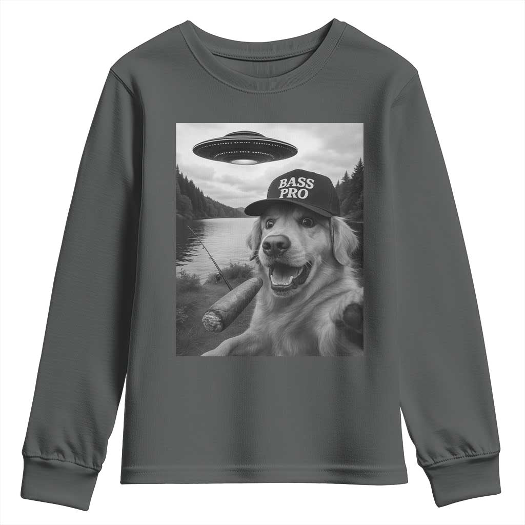 Dog Selfie With Alien UFO Youth Sweatshirt Funny Fishing Golden Retriever Smoking Dog Lover - Wonder Print Shop