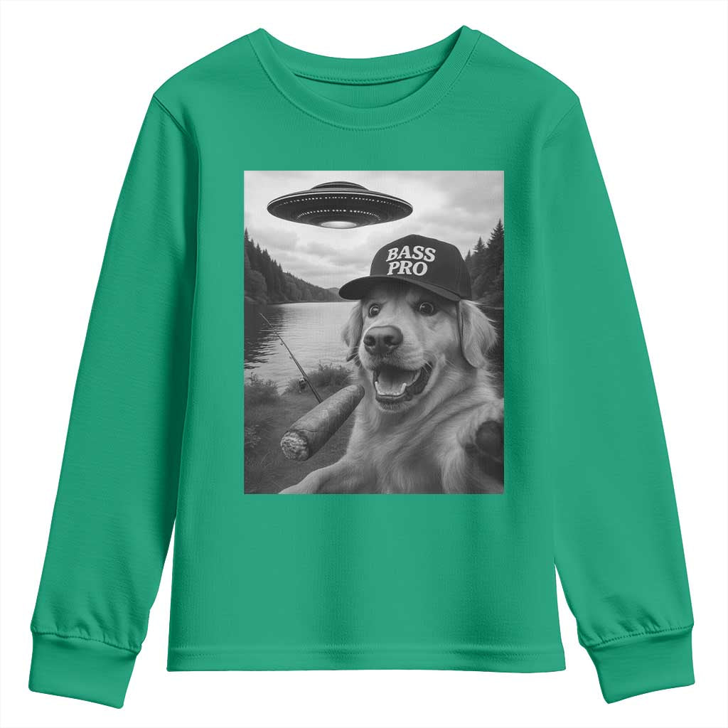 Dog Selfie With Alien UFO Youth Sweatshirt Funny Fishing Golden Retriever Smoking Dog Lover - Wonder Print Shop