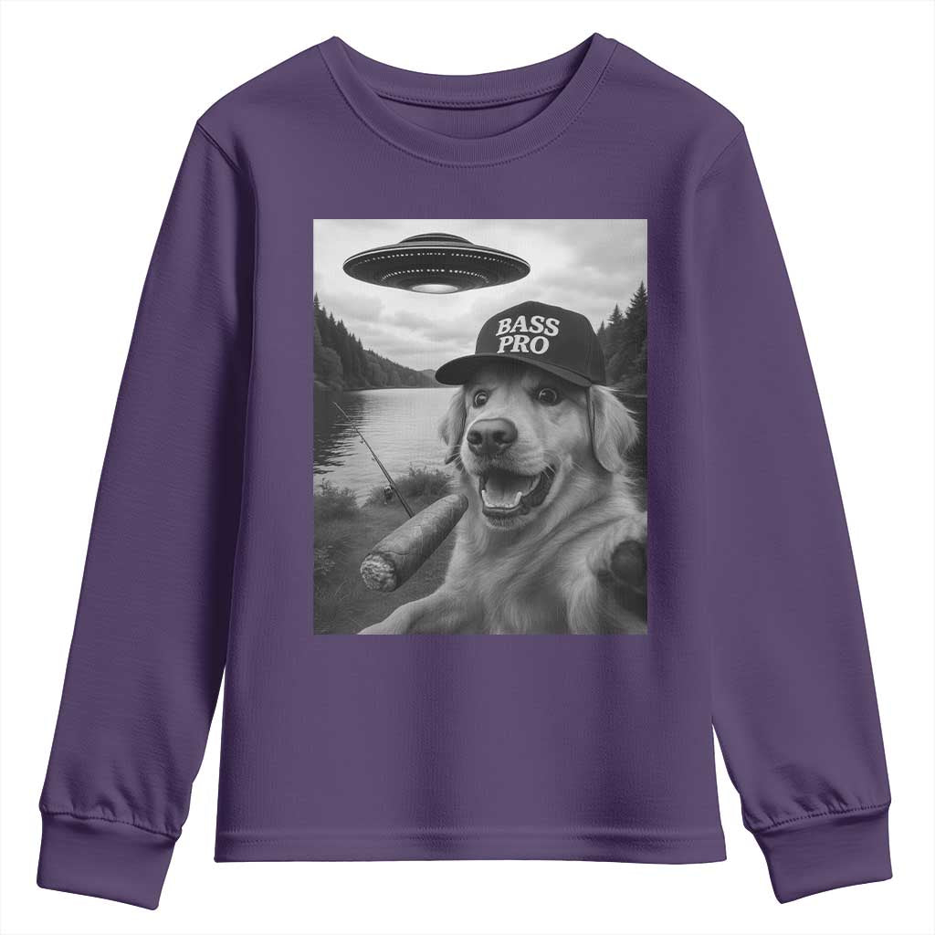 Dog Selfie With Alien UFO Youth Sweatshirt Funny Fishing Golden Retriever Smoking Dog Lover - Wonder Print Shop
