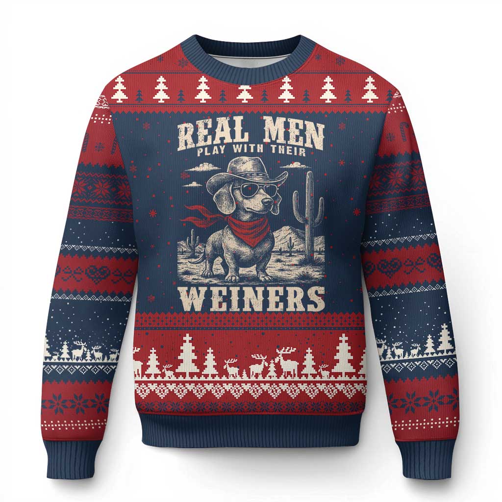 Funny Dachshund Cowboy Ugly Christmas Sweater Real Men Play With Their Weiners - Wonder Print Shop