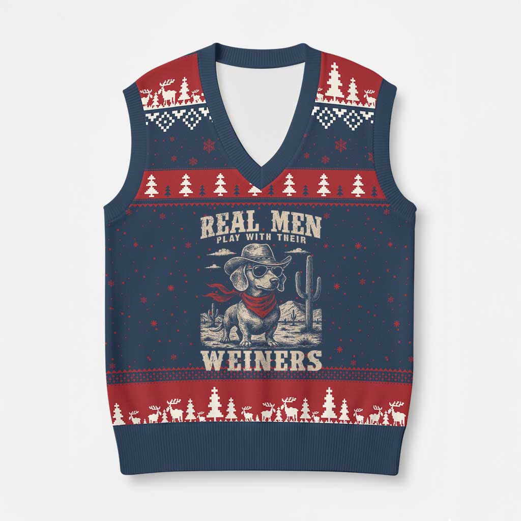 Funny Dachshund Cowboy V-Neck Knit Sweater Vest Real Men Play With Their Weiners - Wonder Print Shop