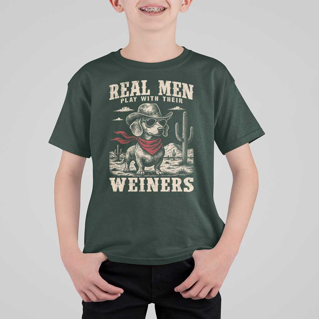 Funny Dachshund Cowboy T Shirt For Kid Real Men Play With Their Weiners - Wonder Print Shop