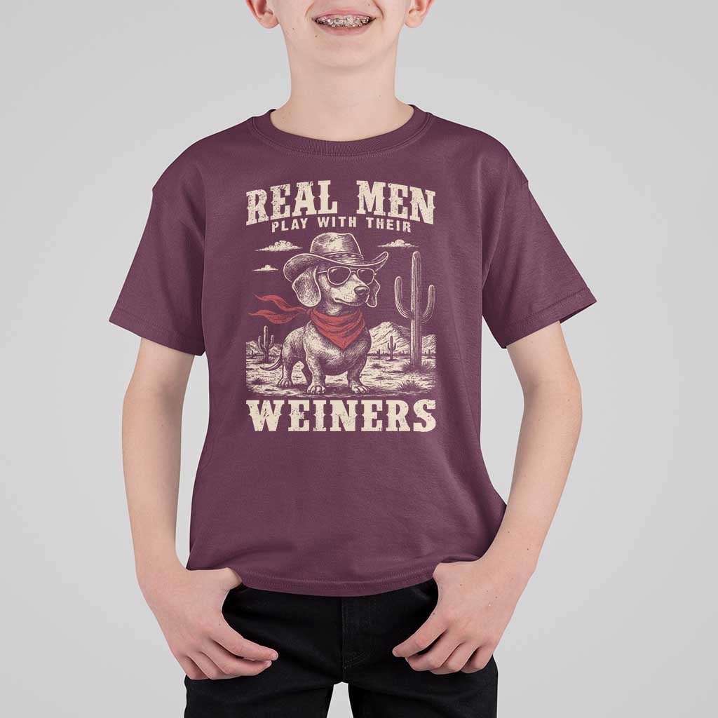 Funny Dachshund Cowboy T Shirt For Kid Real Men Play With Their Weiners - Wonder Print Shop