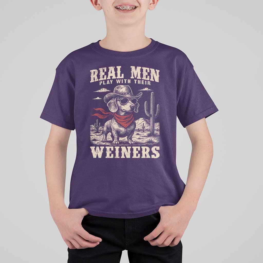 Funny Dachshund Cowboy T Shirt For Kid Real Men Play With Their Weiners - Wonder Print Shop