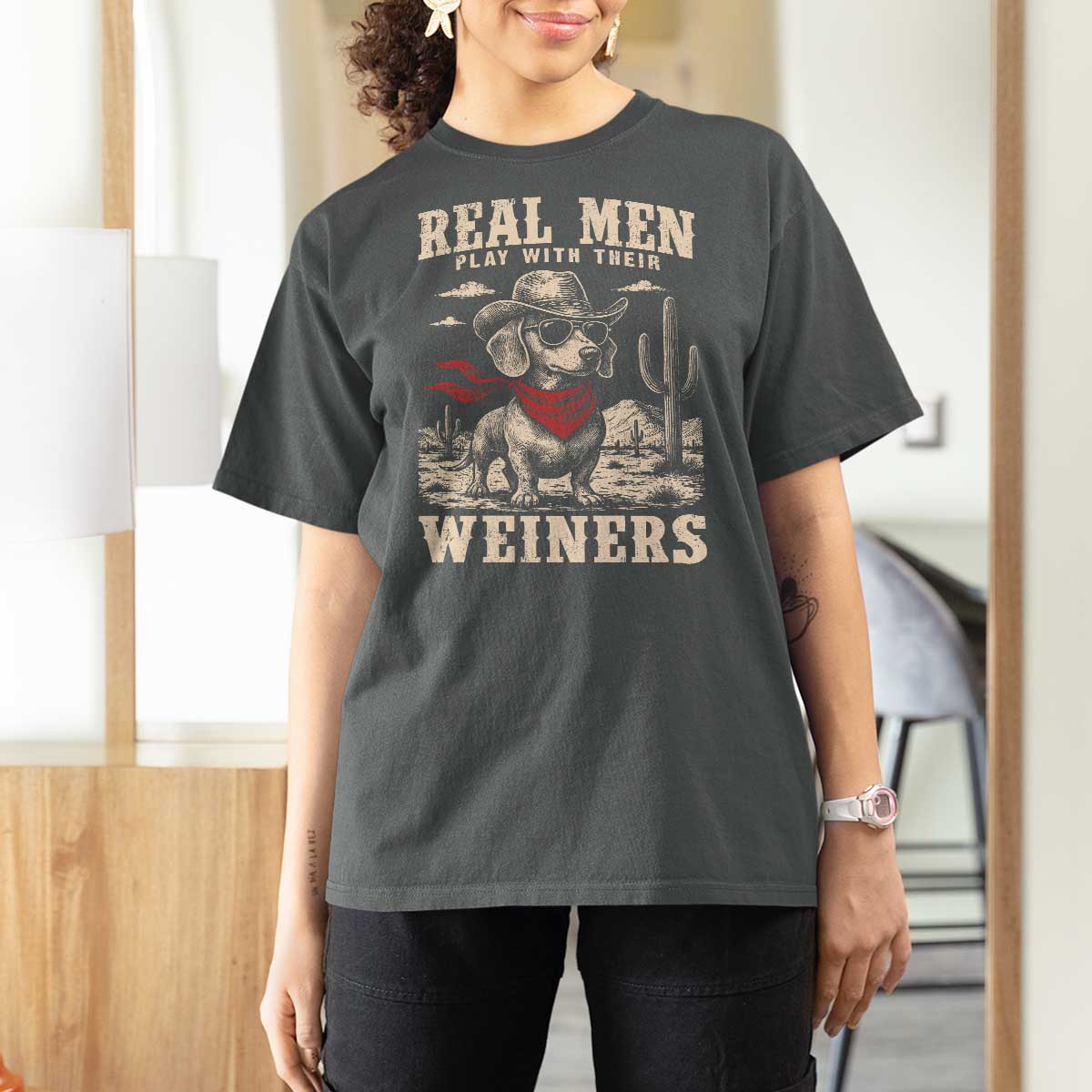 Funny Dachshund Cowboy T Shirt For Women Real Men Play With Their Weiners - Wonder Print Shop