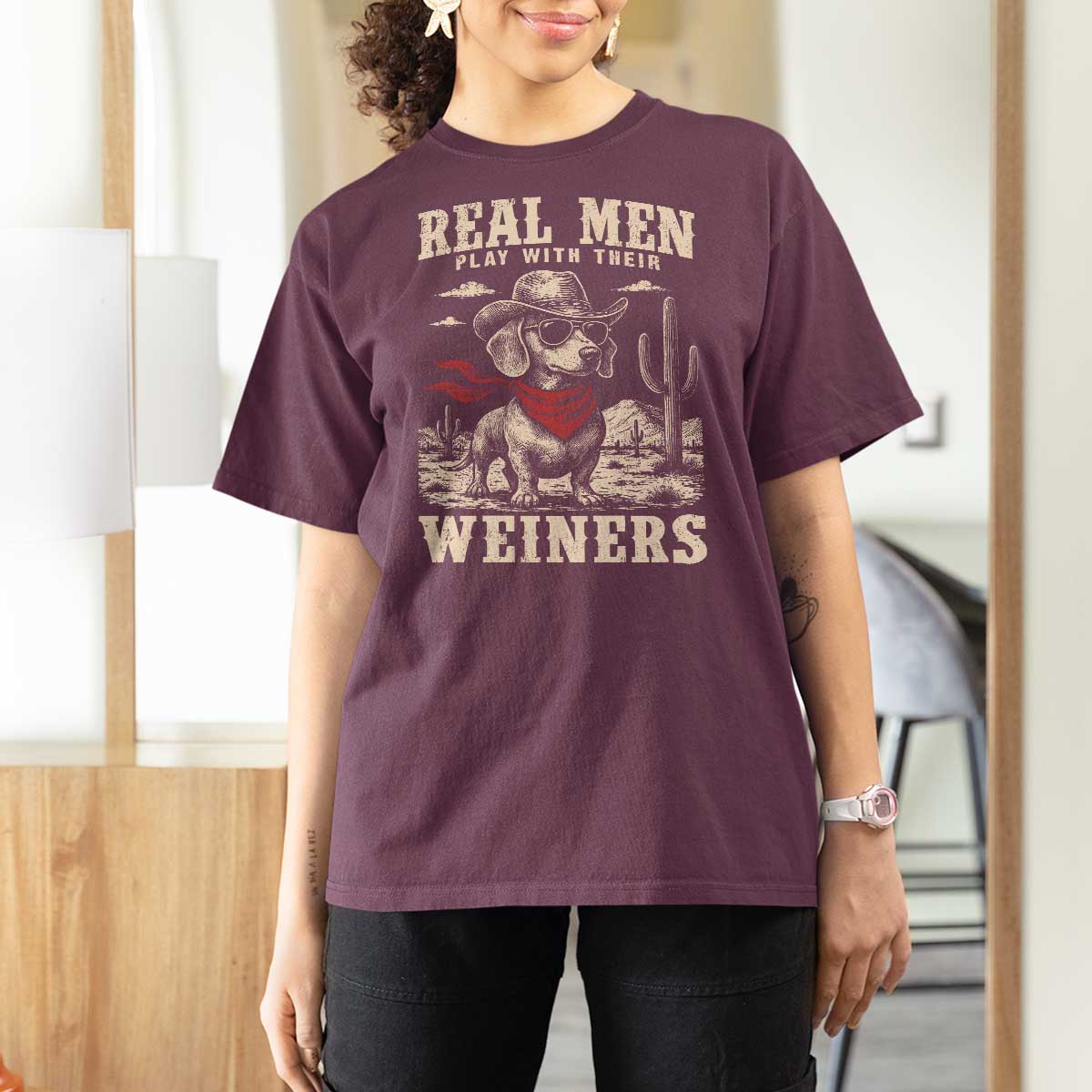 Funny Dachshund Cowboy T Shirt For Women Real Men Play With Their Weiners - Wonder Print Shop