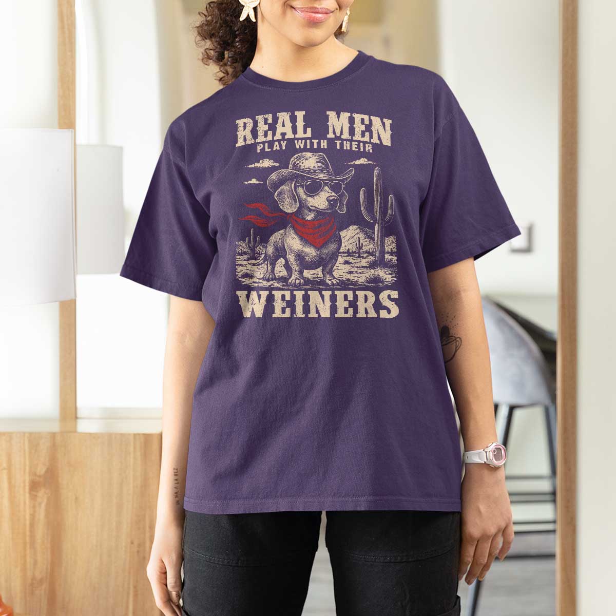 Funny Dachshund Cowboy T Shirt For Women Real Men Play With Their Weiners - Wonder Print Shop