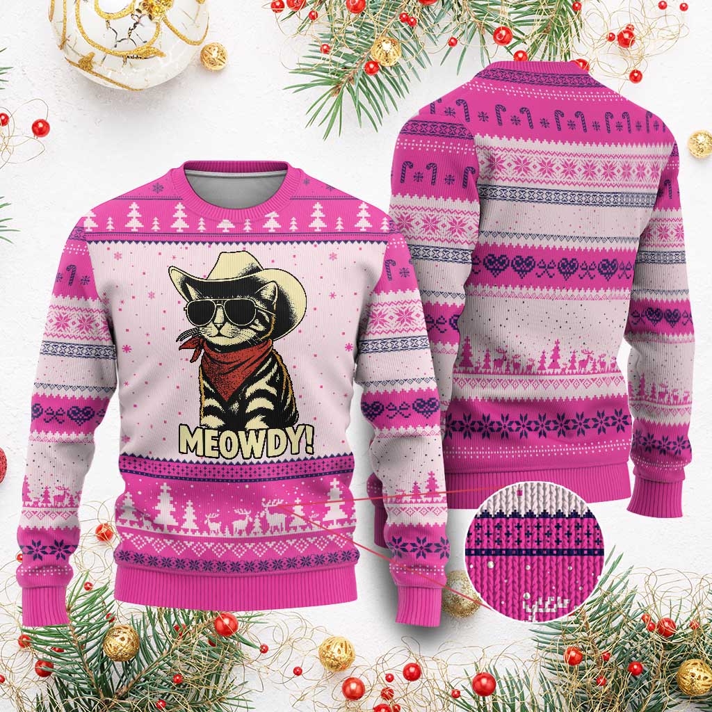 Vintage Cowboy Cat Ugly Christmas Sweater Retro 90s Western Country Rodeo Meowdy Partner - Wonder Print Shop