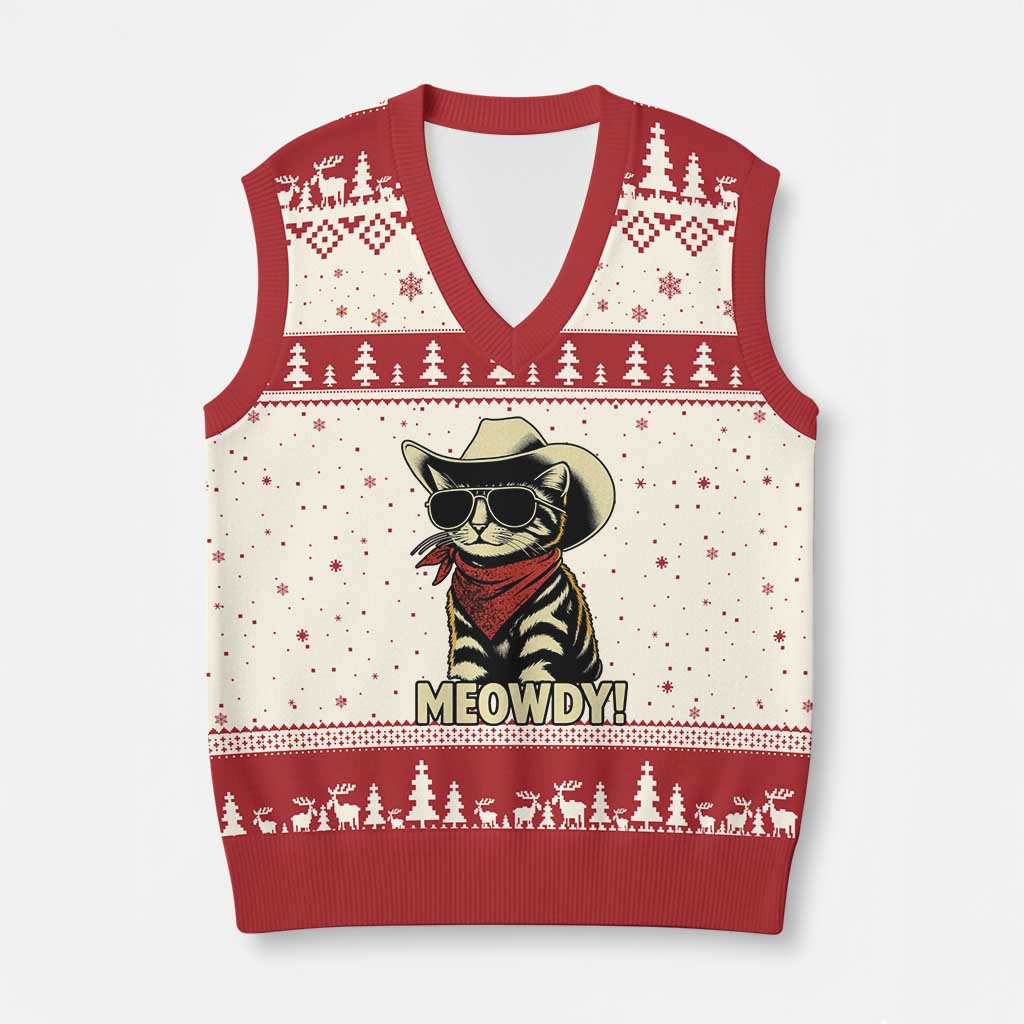 Vintage Cowboy Cat V-Neck Knit Sweater Vest Retro 90s Western Country Rodeo Meowdy Partner - Wonder Print Shop