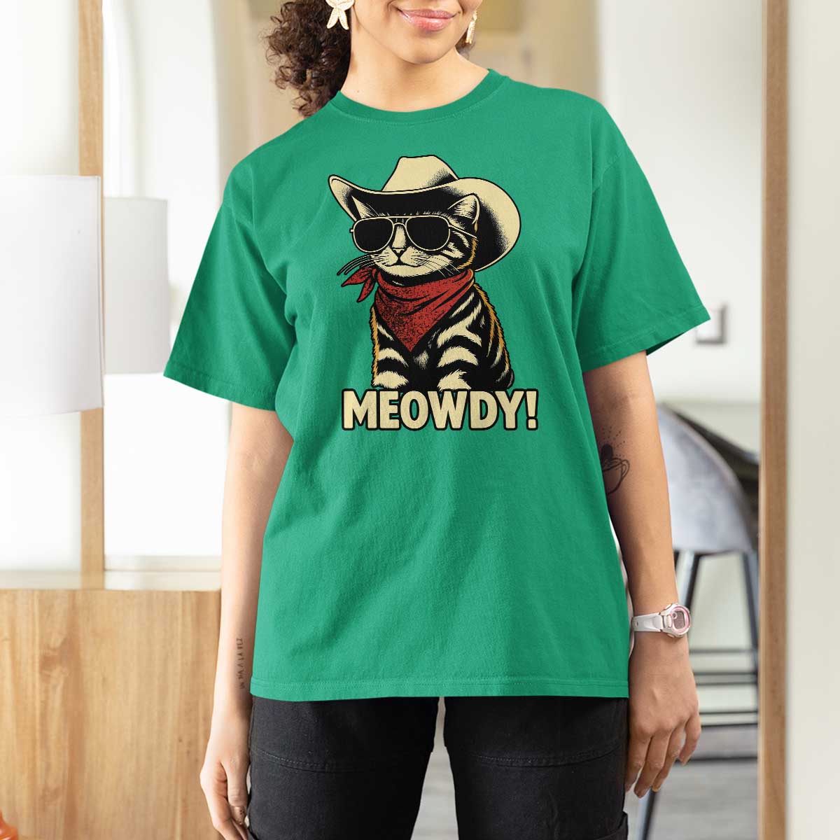 Vintage Cowboy Cat T Shirt For Women Retro 90s Western Country Rodeo Meowdy Partner - Wonder Print Shop
