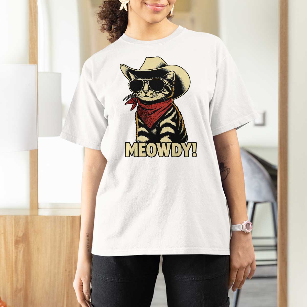 Vintage Cowboy Cat T Shirt For Women Retro 90s Western Country Rodeo Meowdy Partner - Wonder Print Shop