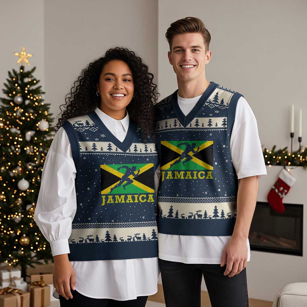 Jamaican Flag Track And Field V-Neck Knit Sweater Vest Retro Vintage Jamaica Runner Track Team - Wonder Print Shop