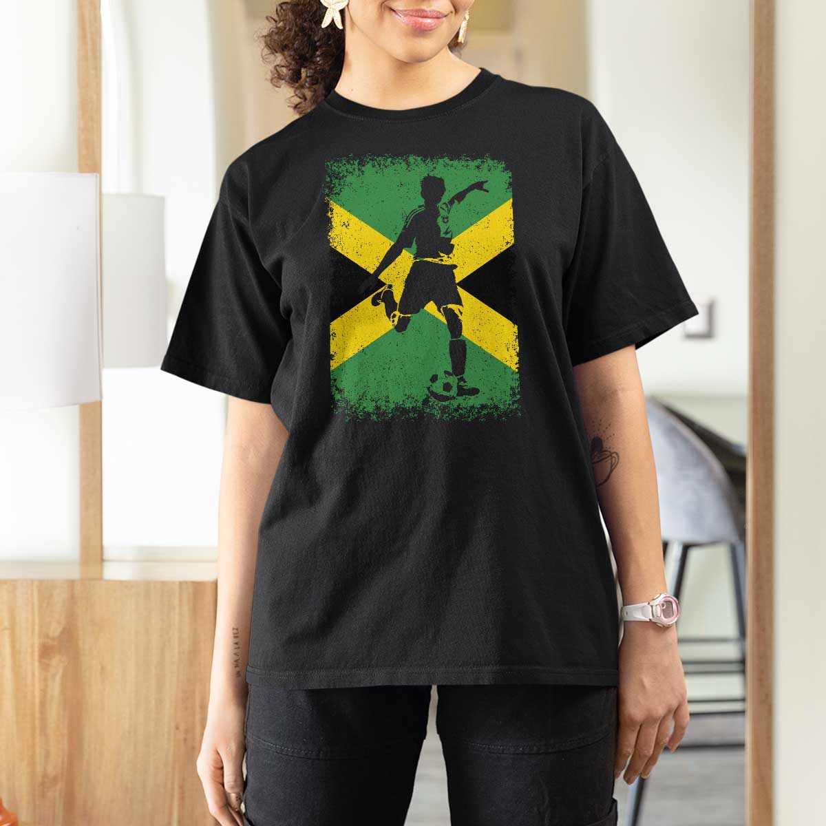 Jamaica Soccer T Shirt For Women Retro Vintage Watercolors Sport Jamaican Flag - Wonder Print Shop