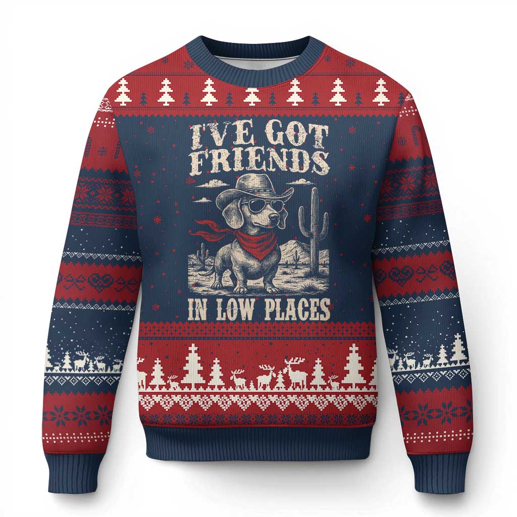 Funny Dachshund Cowboy Ugly Christmas Sweater Ive Got Friends In Low Places - Wonder Print Shop