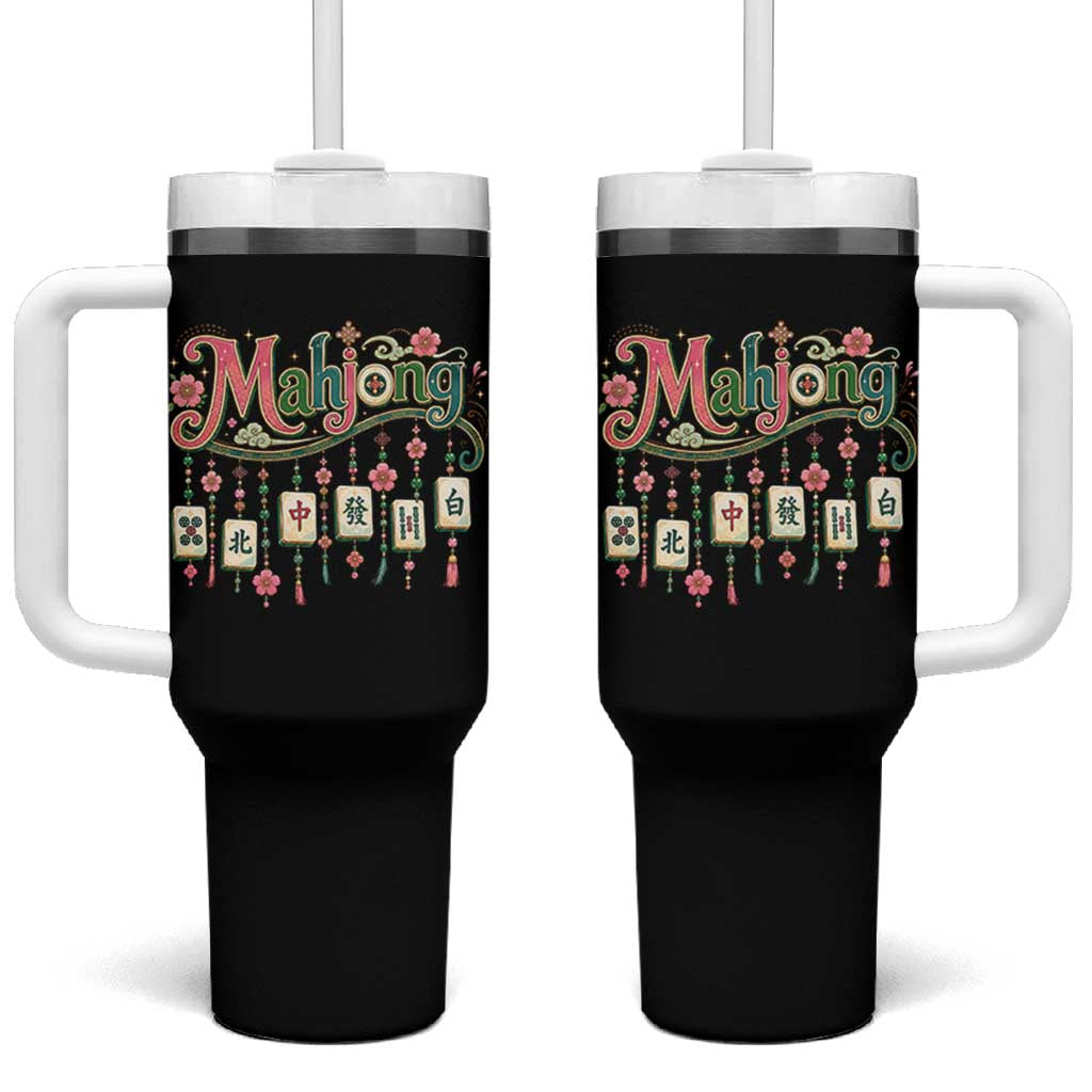 Funny Mahjong Lovers Tumbler With Handle Funny Mahjong Lovers Chinese Game Floral Vintage Aesthetic Graphic