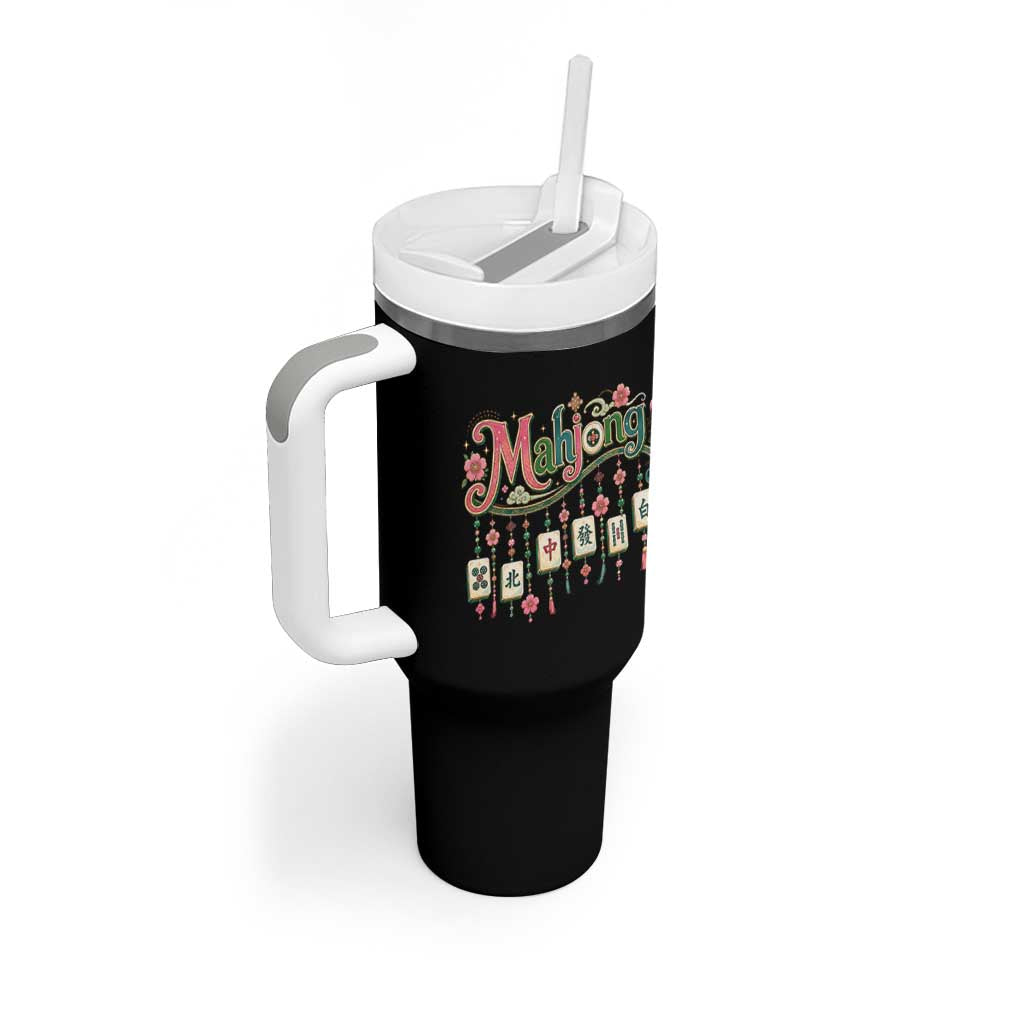 Funny Mahjong Lovers Tumbler With Handle Funny Mahjong Lovers Chinese Game Floral Vintage Aesthetic Graphic