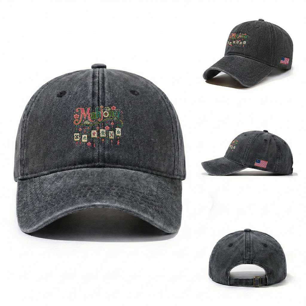 Funny Mahjong Lovers Washed Cotton Baseball Cap Funny Mahjong Lovers Chinese Game Floral Vintage Aesthetic Graphic