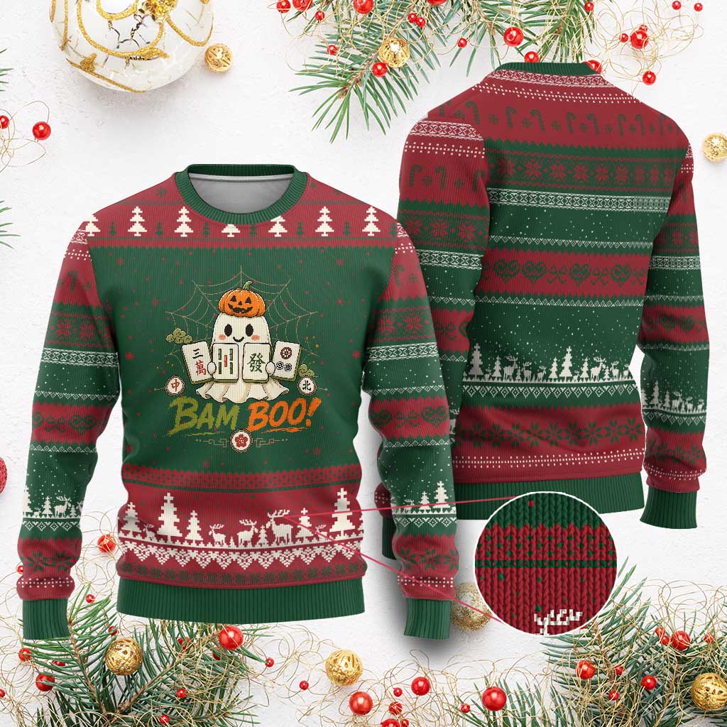 Halloween Ghost Playing Mahjong Spooky Boo Funny Costume Ugly Christmas Sweater Mahjong Lover Gift