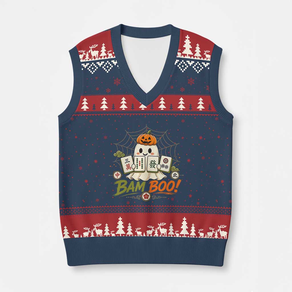 Halloween Ghost Playing Mahjong Spooky Boo Funny Costume V-Neck Knit Sweater Vest Mahjong Lover Gift