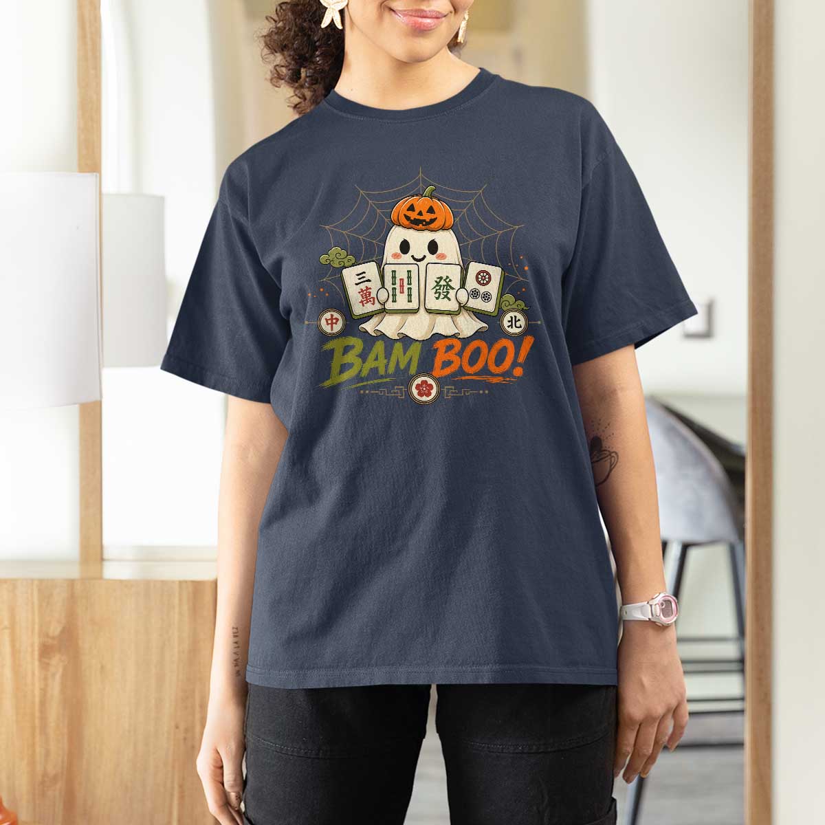 Halloween Ghost Playing Mahjong Spooky Boo Funny Costume T Shirt For Women Mahjong Lover Gift