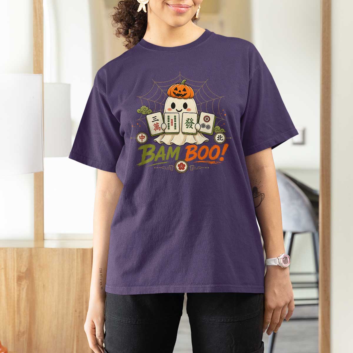 Halloween Ghost Playing Mahjong Spooky Boo Funny Costume T Shirt For Women Mahjong Lover Gift
