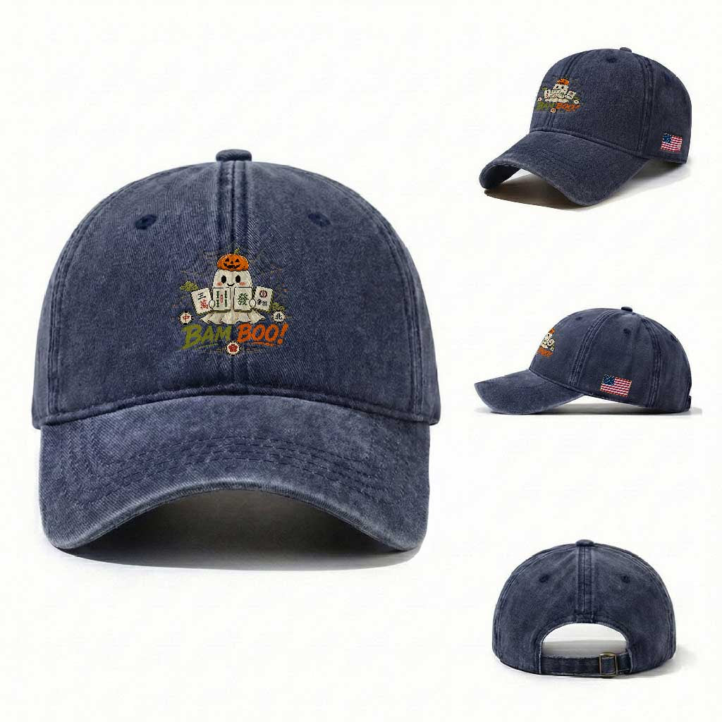 Halloween Ghost Playing Mahjong Spooky Boo Funny Costume Washed Cotton Baseball Cap Mahjong Lover Gift