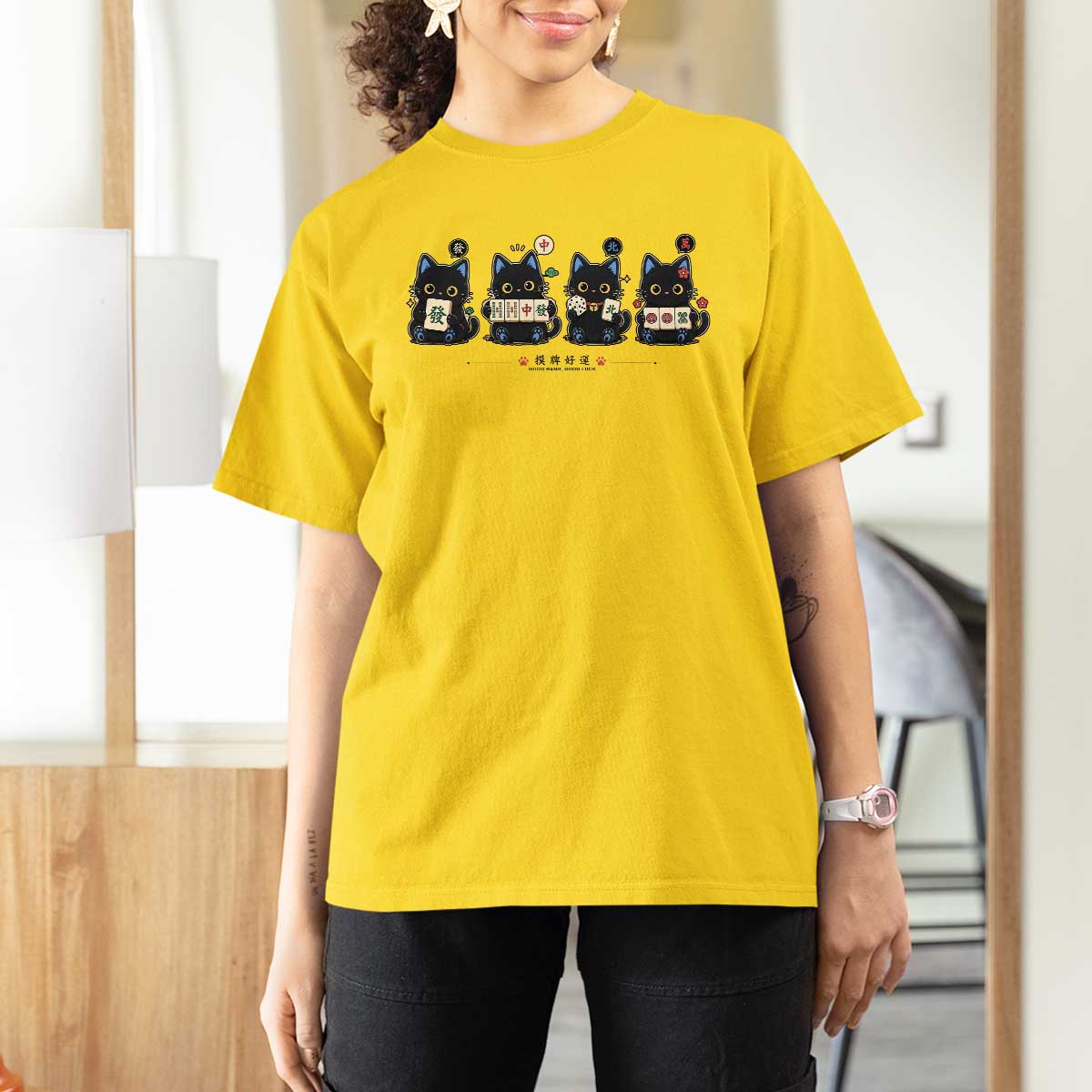 Black Cat Mahjong Lover Cute Graphic T Shirt For Women
