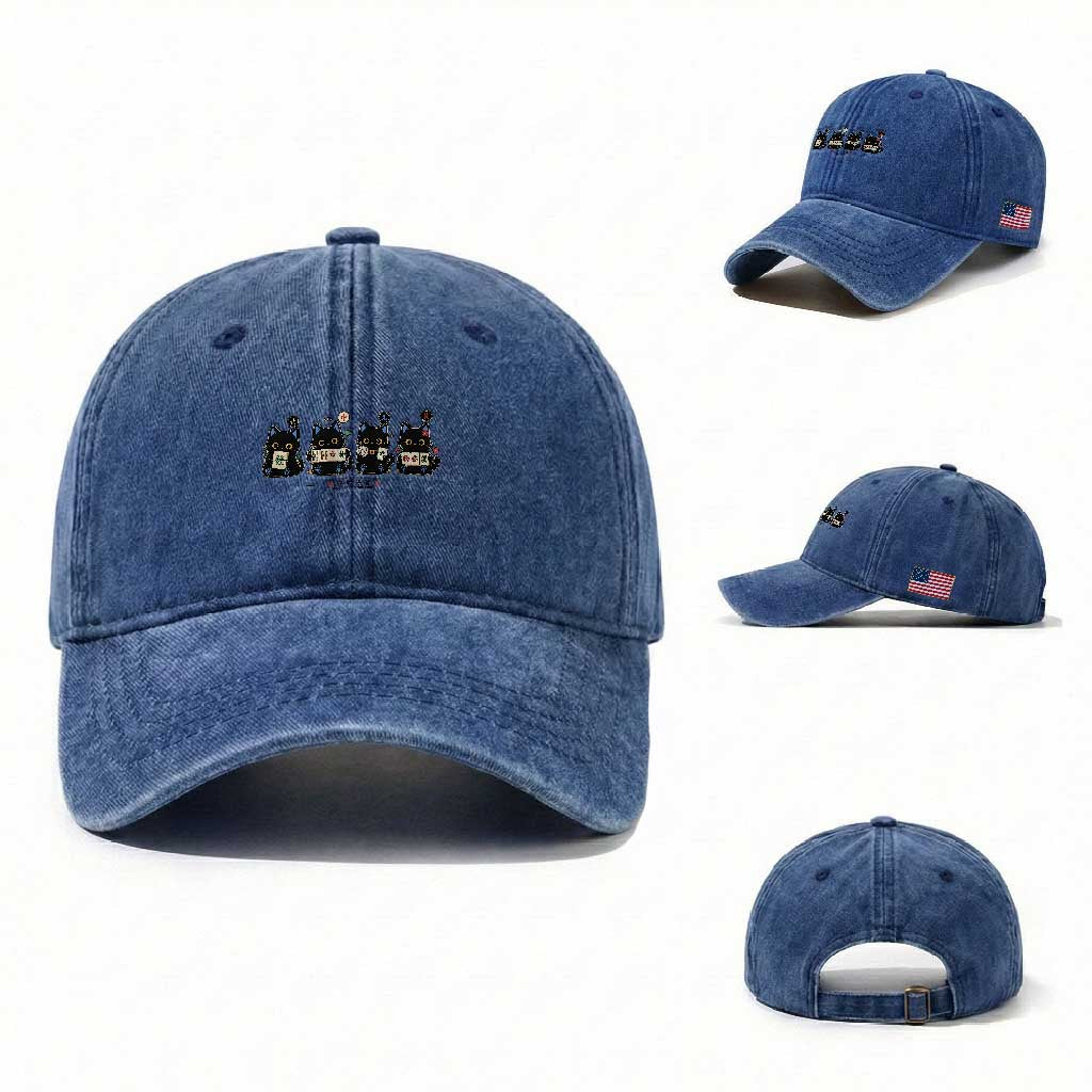 Black Cat Mahjong Lover Cute Graphic Washed Cotton Baseball Cap