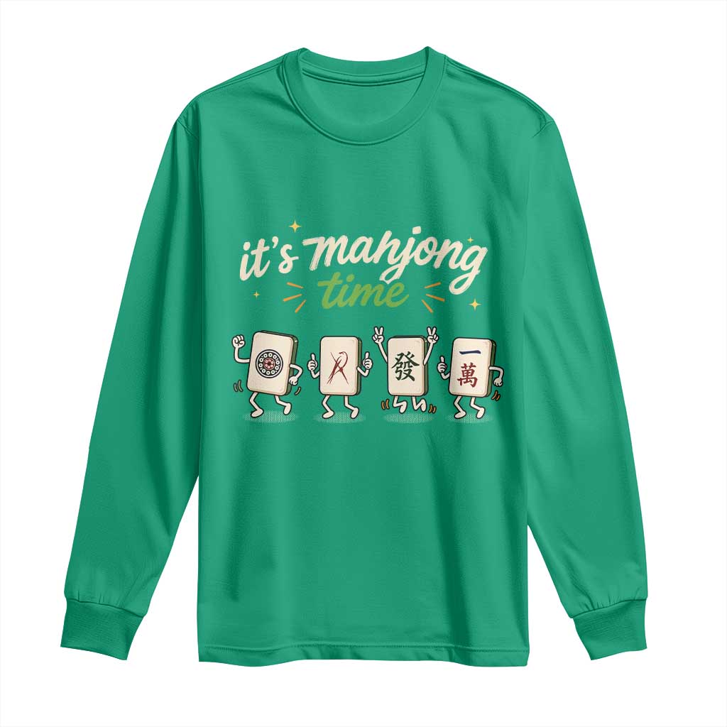 Its Mahjong Time Long Sleeve Shirt Funny Cartoon Mahjong Tiles Gathering Game Night