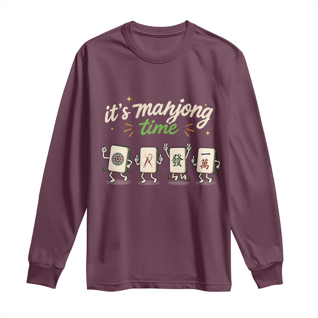 Its Mahjong Time Long Sleeve Shirt Funny Cartoon Mahjong Tiles Gathering Game Night