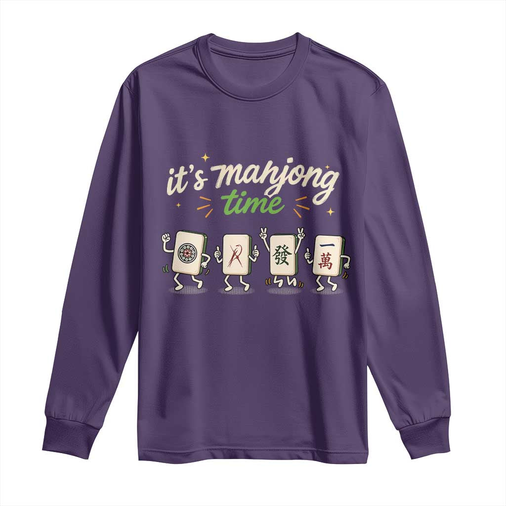 Its Mahjong Time Long Sleeve Shirt Funny Cartoon Mahjong Tiles Gathering Game Night