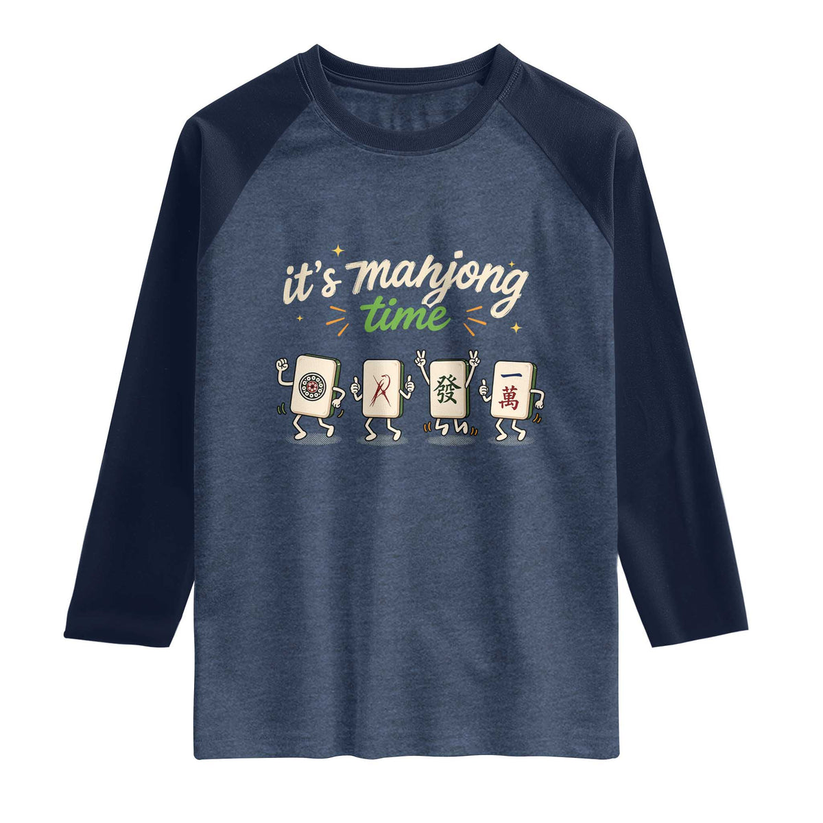 Its Mahjong Time Raglan Shirt Funny Cartoon Mahjong Tiles Gathering Game Night