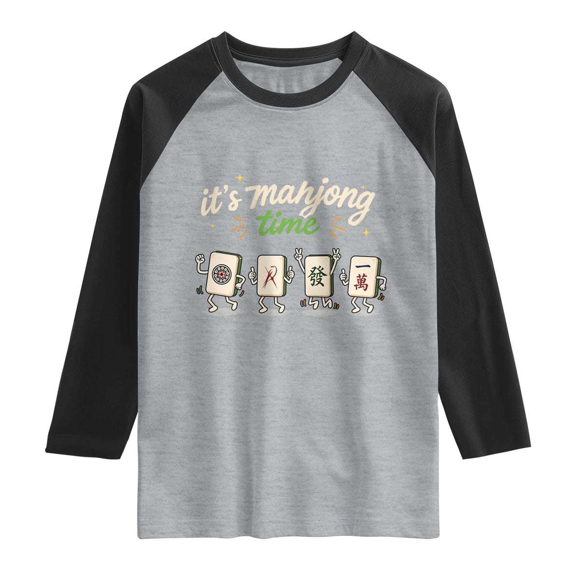 Its Mahjong Time Raglan Shirt Funny Cartoon Mahjong Tiles Gathering Game Night