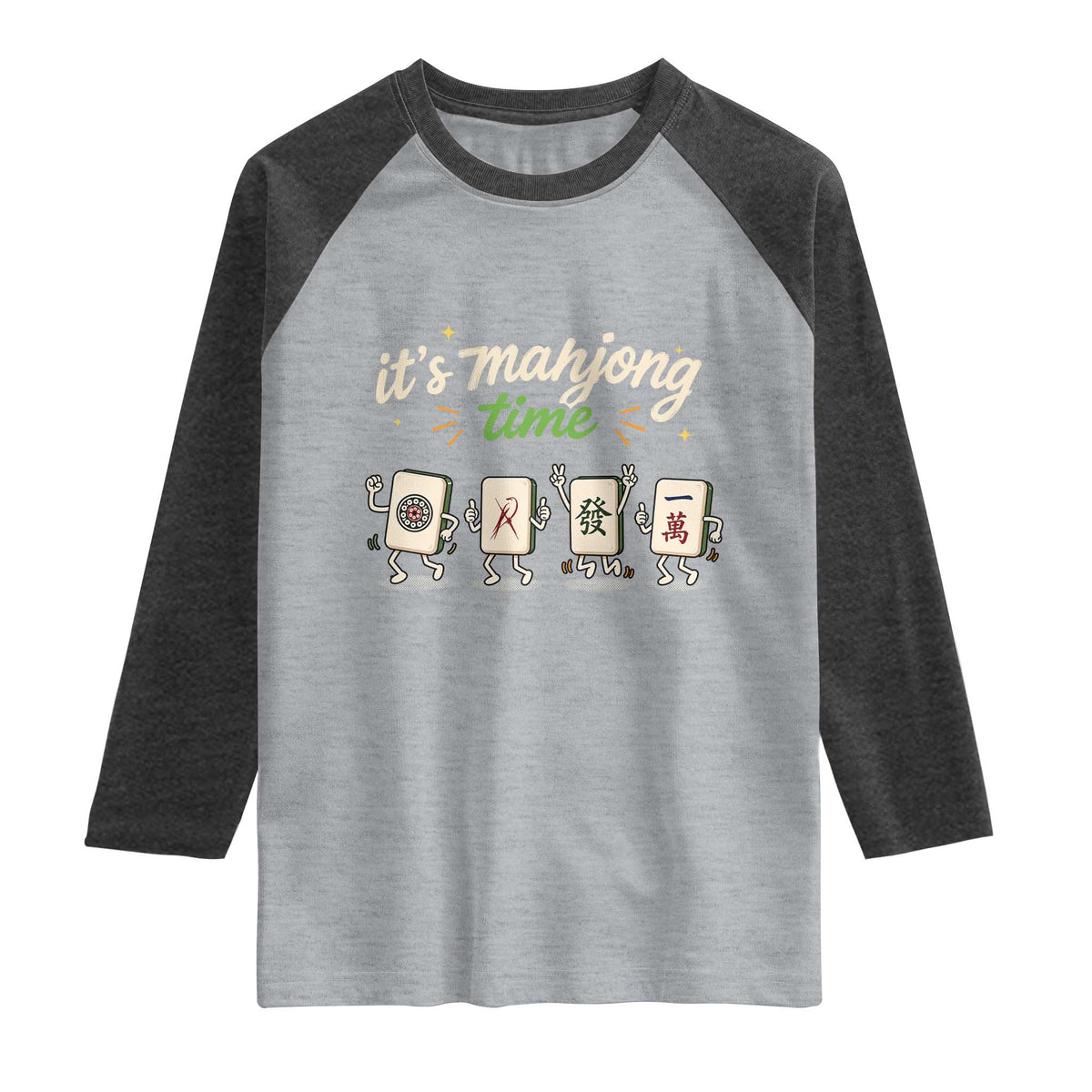 Its Mahjong Time Raglan Shirt Funny Cartoon Mahjong Tiles Gathering Game Night