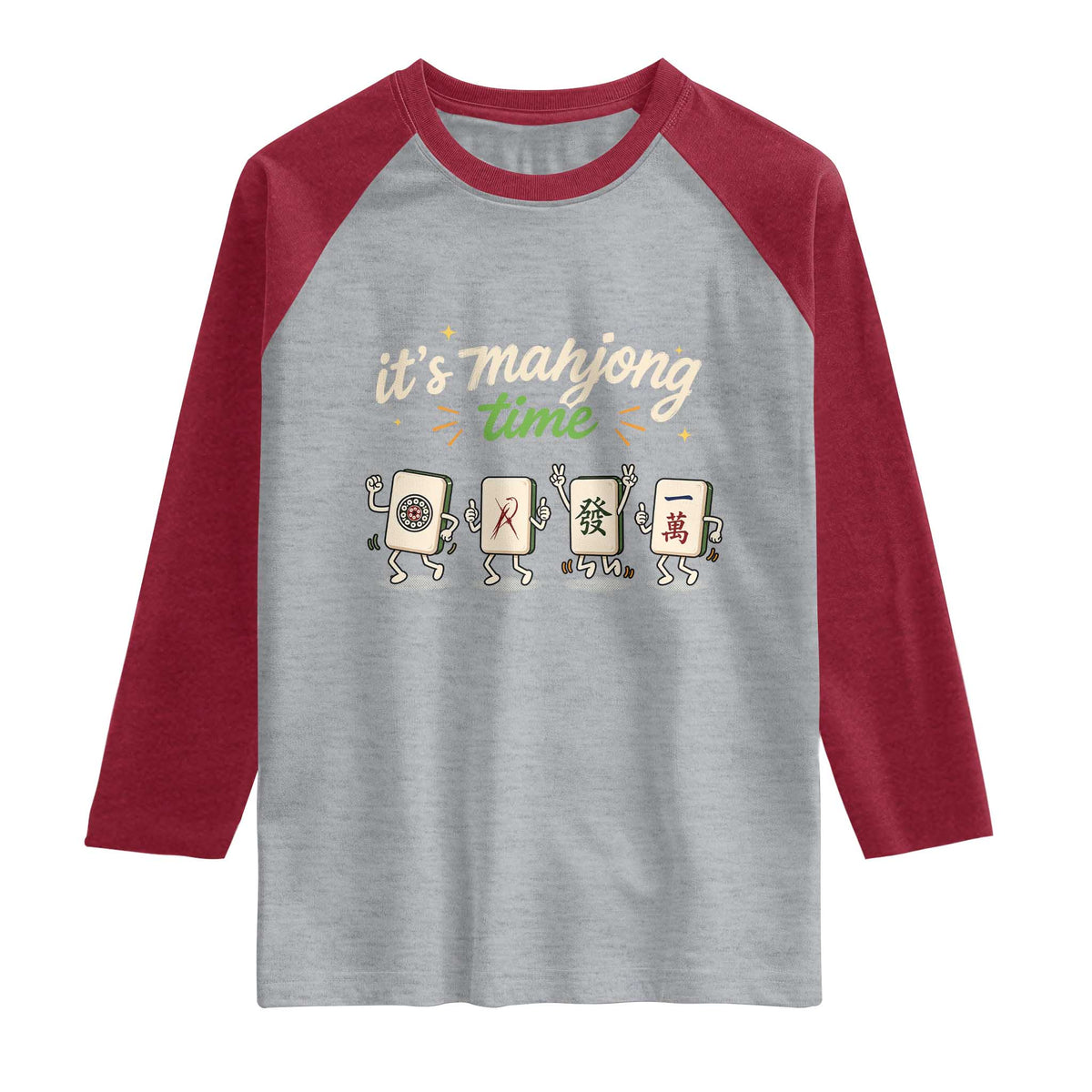 Its Mahjong Time Raglan Shirt Funny Cartoon Mahjong Tiles Gathering Game Night