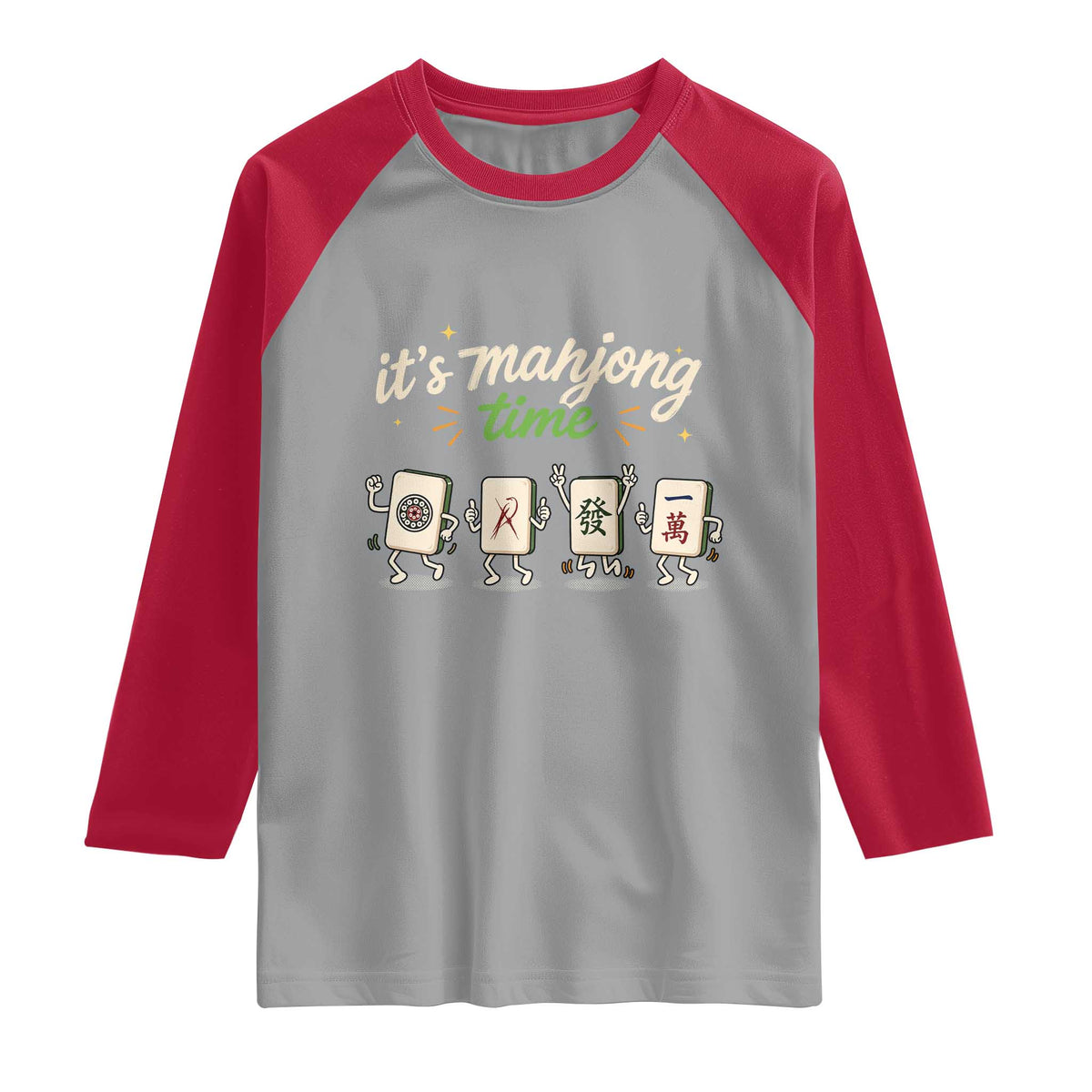 Its Mahjong Time Raglan Shirt Funny Cartoon Mahjong Tiles Gathering Game Night