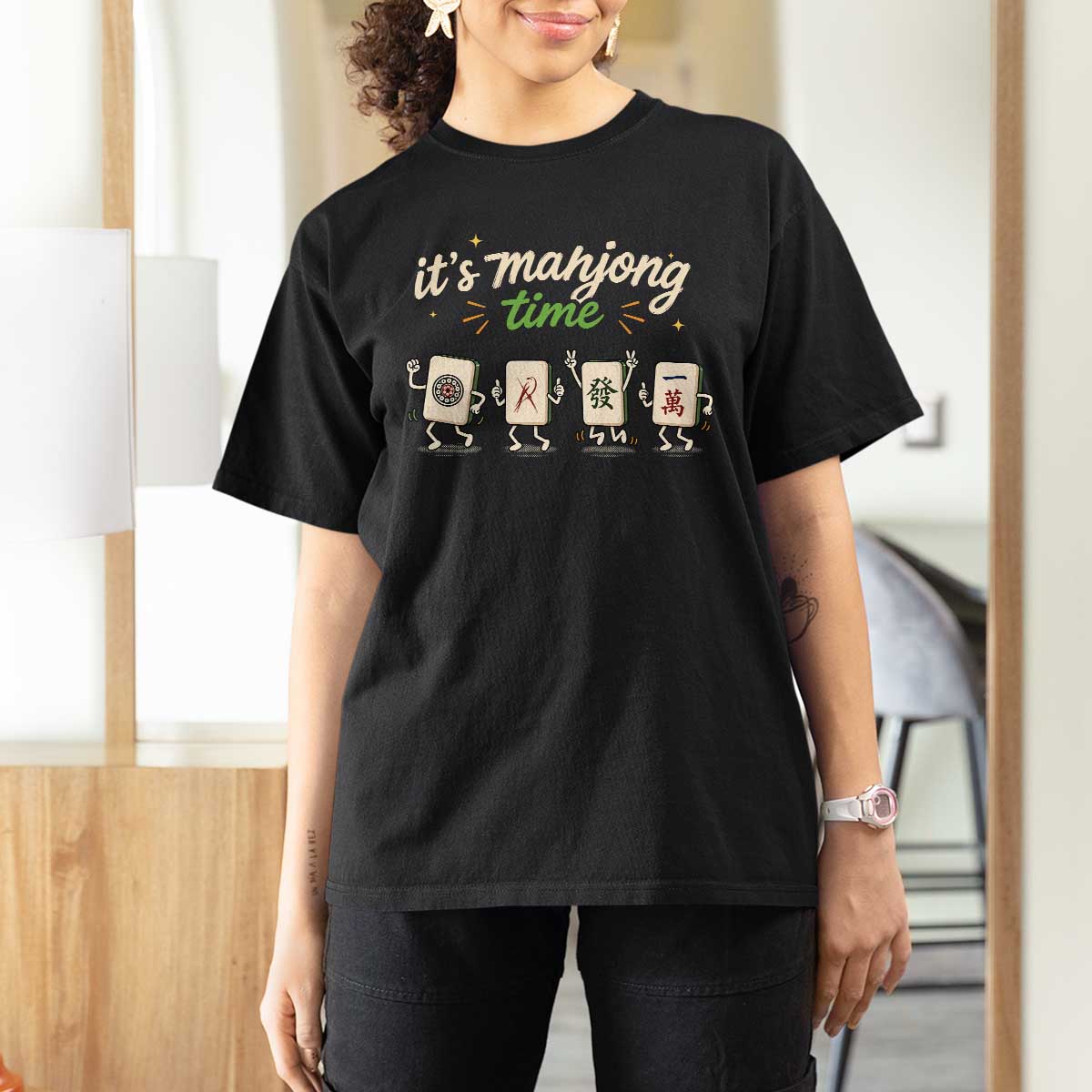 Its Mahjong Time T Shirt For Women Funny Cartoon Mahjong Tiles Gathering Game Night