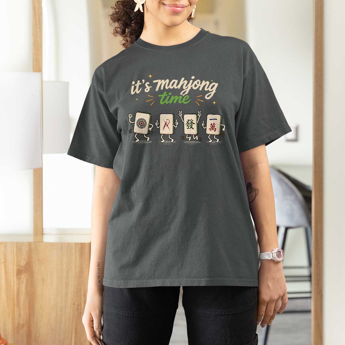 Its Mahjong Time T Shirt For Women Funny Cartoon Mahjong Tiles Gathering Game Night