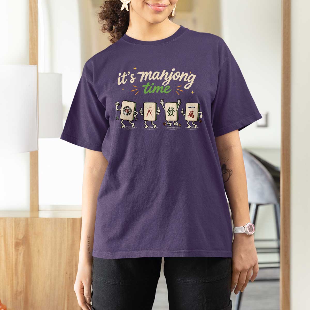 Its Mahjong Time T Shirt For Women Funny Cartoon Mahjong Tiles Gathering Game Night
