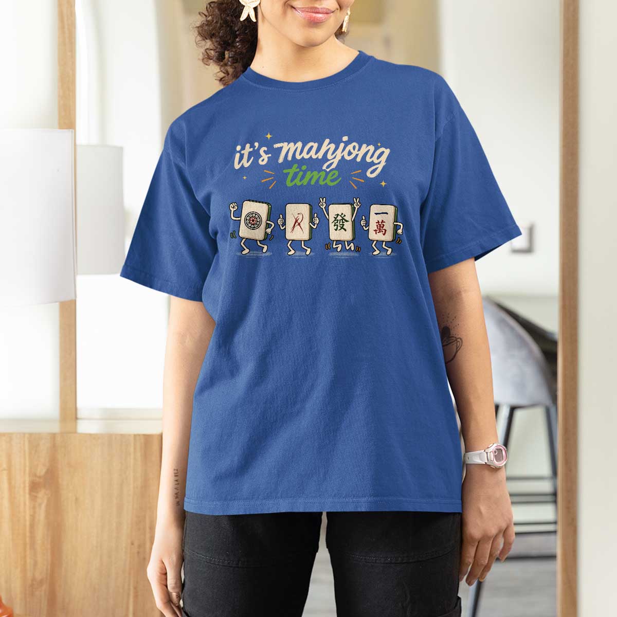 Its Mahjong Time T Shirt For Women Funny Cartoon Mahjong Tiles Gathering Game Night