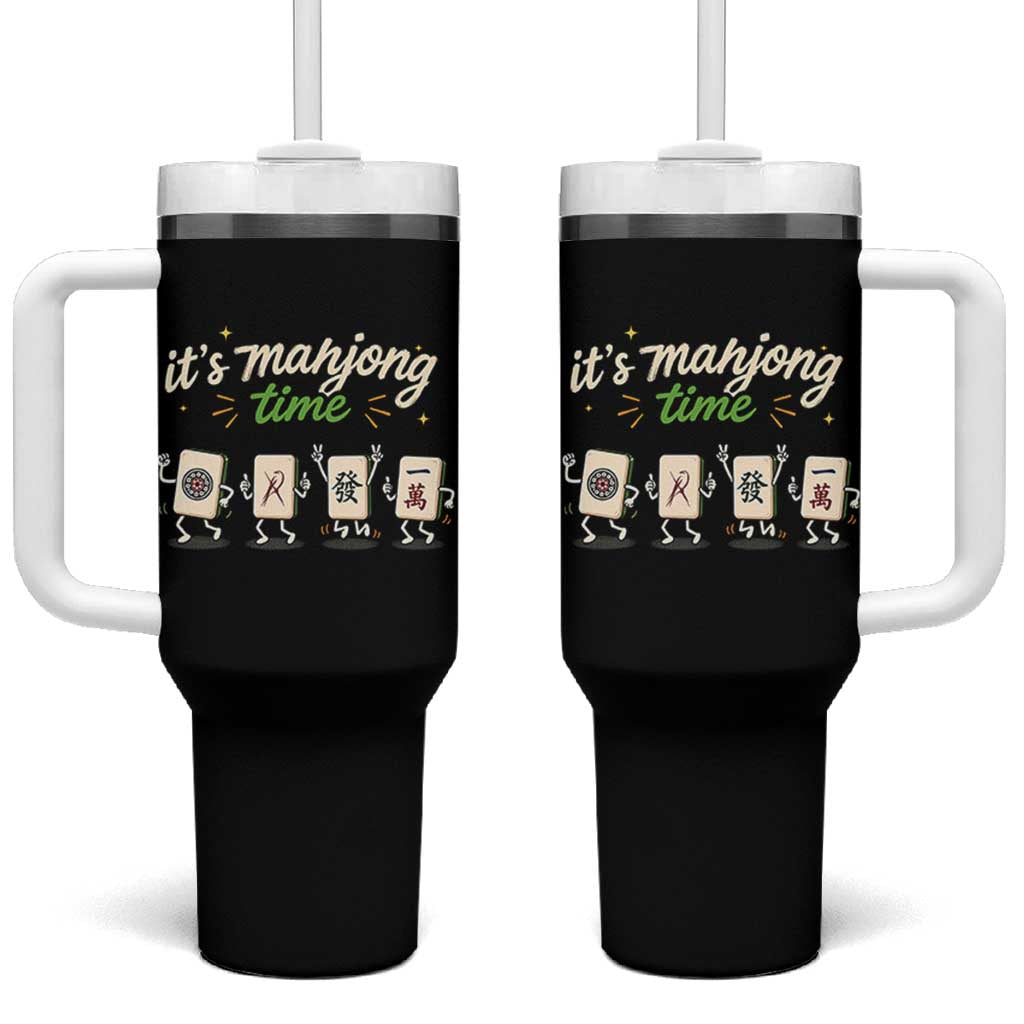 Its Mahjong Time Tumbler With Handle Funny Cartoon Mahjong Tiles Gathering Game Night