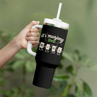 Its Mahjong Time Tumbler With Handle Funny Cartoon Mahjong Tiles Gathering Game Night