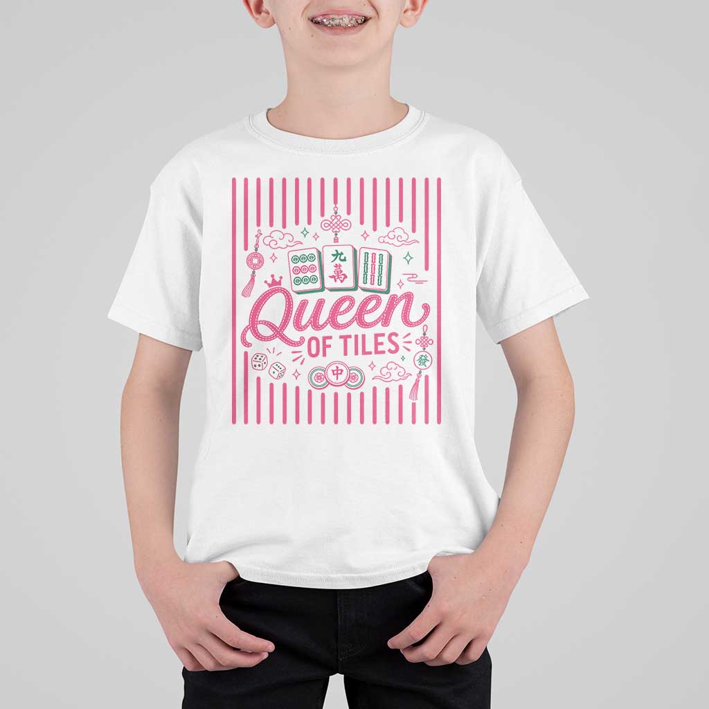 Queen Of Tiles Pink Mahjong Lover Game Night Graphic T Shirt For Kid