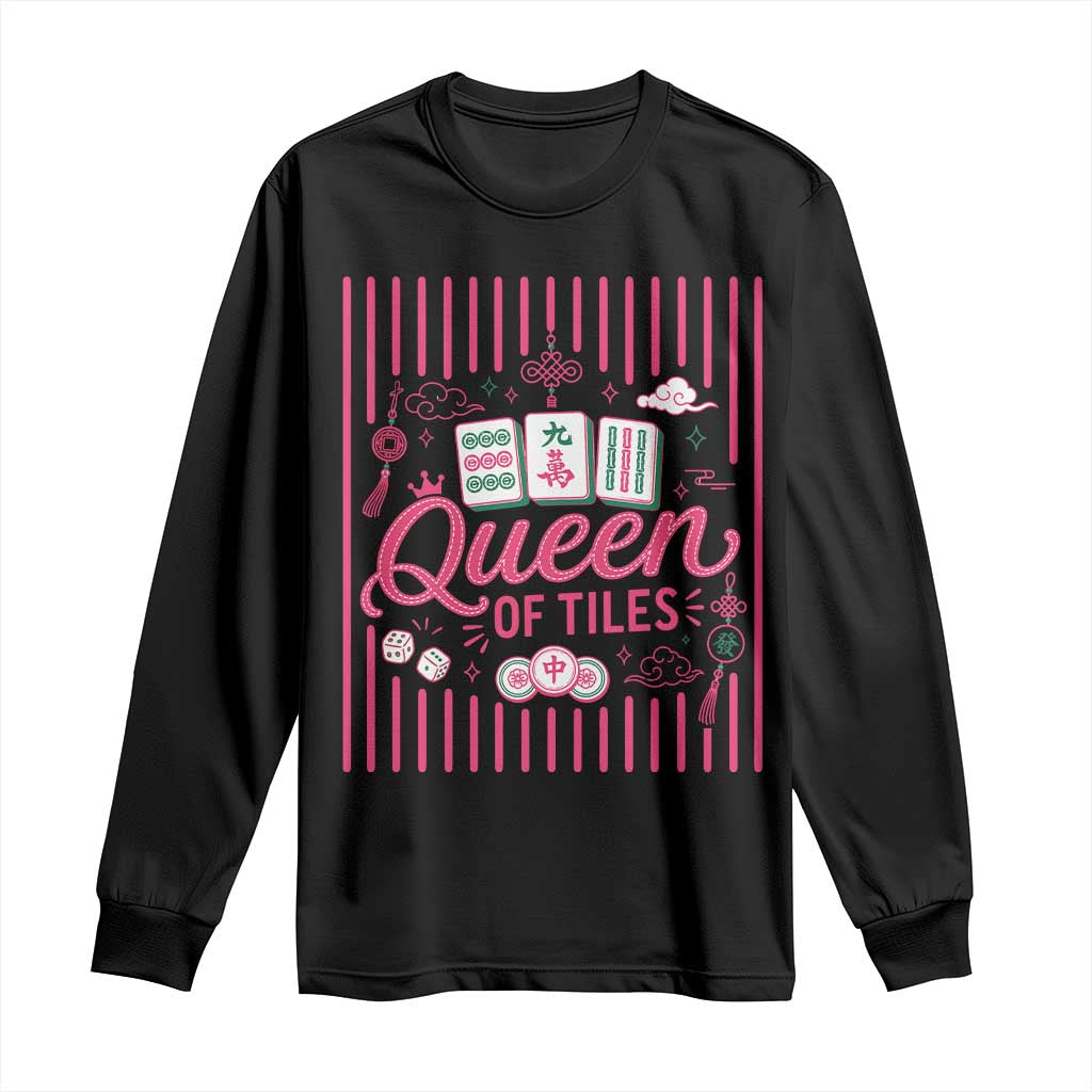 Queen Of Tiles Pink Mahjong Lover Game Night Graphic Long Sleeve Shirt