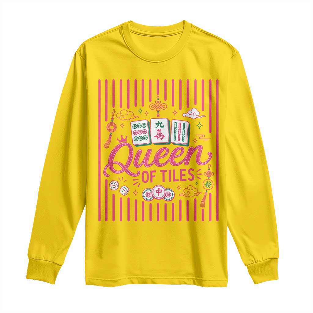 Queen Of Tiles Pink Mahjong Lover Game Night Graphic Long Sleeve Shirt