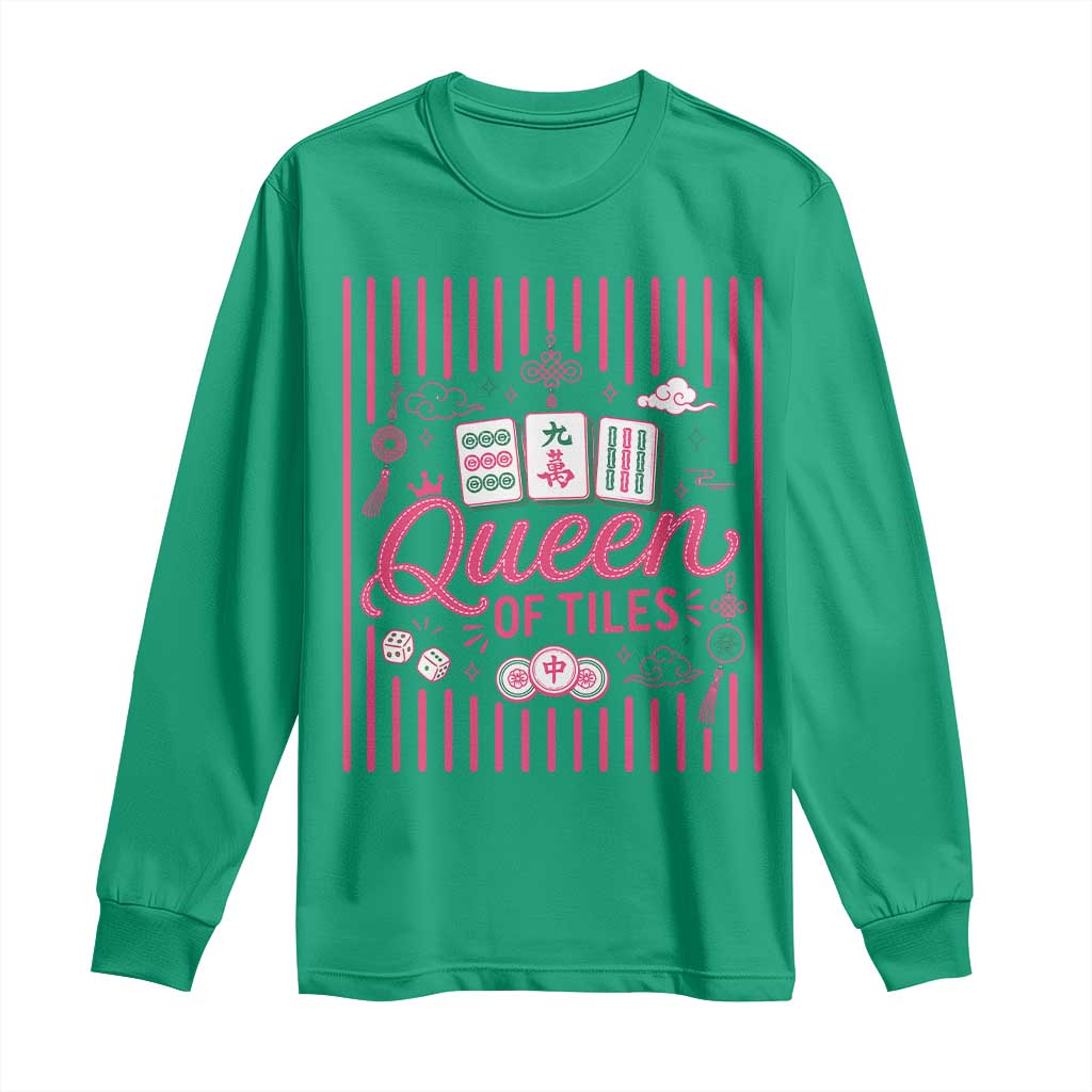 Queen Of Tiles Pink Mahjong Lover Game Night Graphic Long Sleeve Shirt