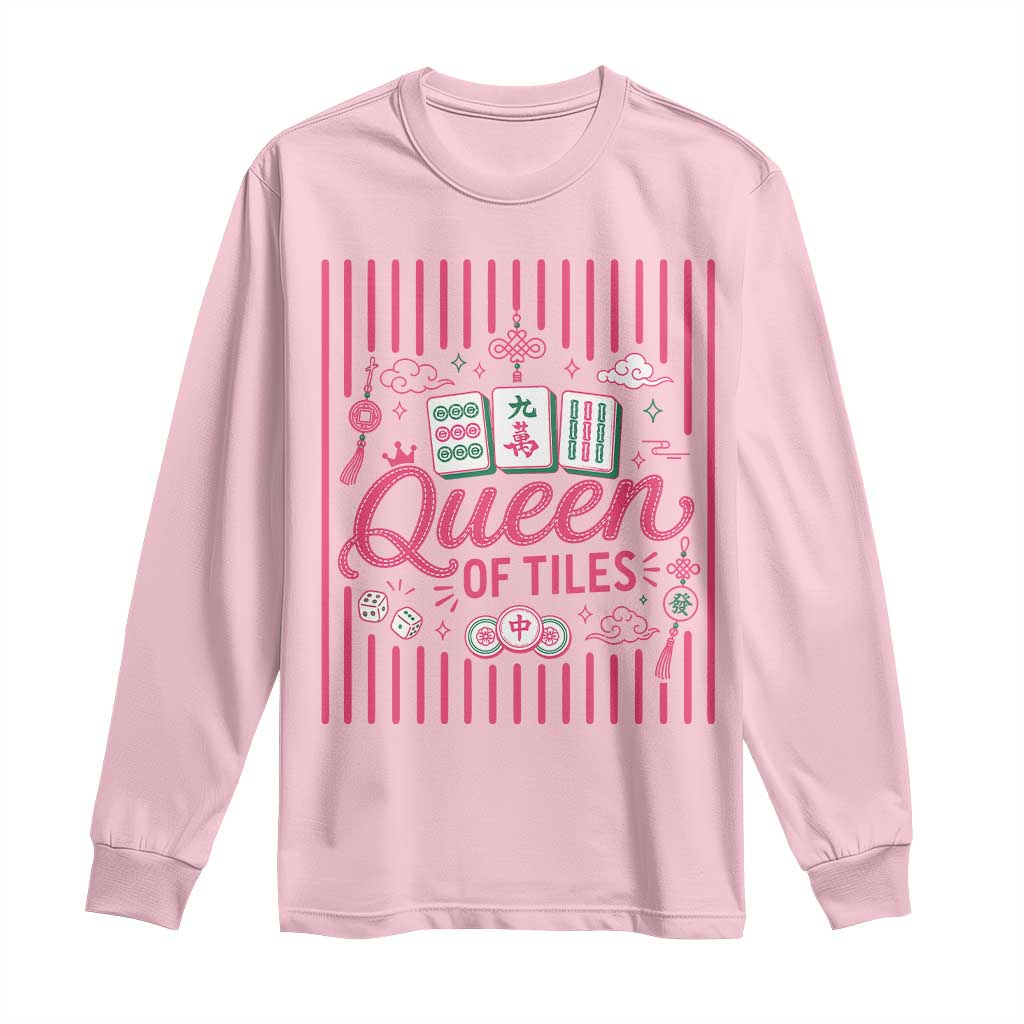Queen Of Tiles Pink Mahjong Lover Game Night Graphic Long Sleeve Shirt