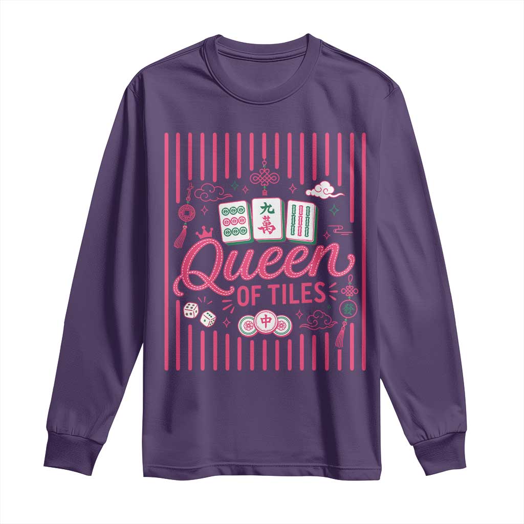 Queen Of Tiles Pink Mahjong Lover Game Night Graphic Long Sleeve Shirt