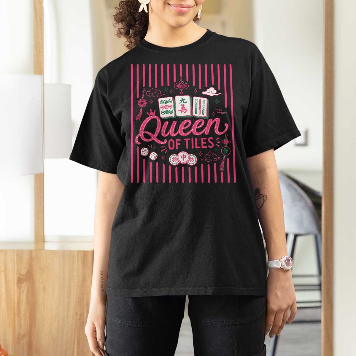 Queen Of Tiles Pink Mahjong Lover Game Night Graphic T Shirt For Women