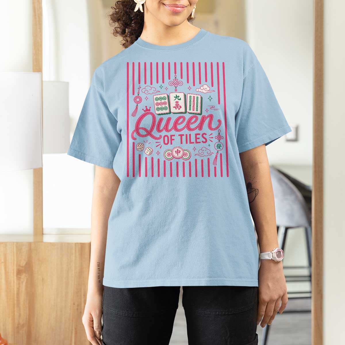 Queen Of Tiles Pink Mahjong Lover Game Night Graphic T Shirt For Women